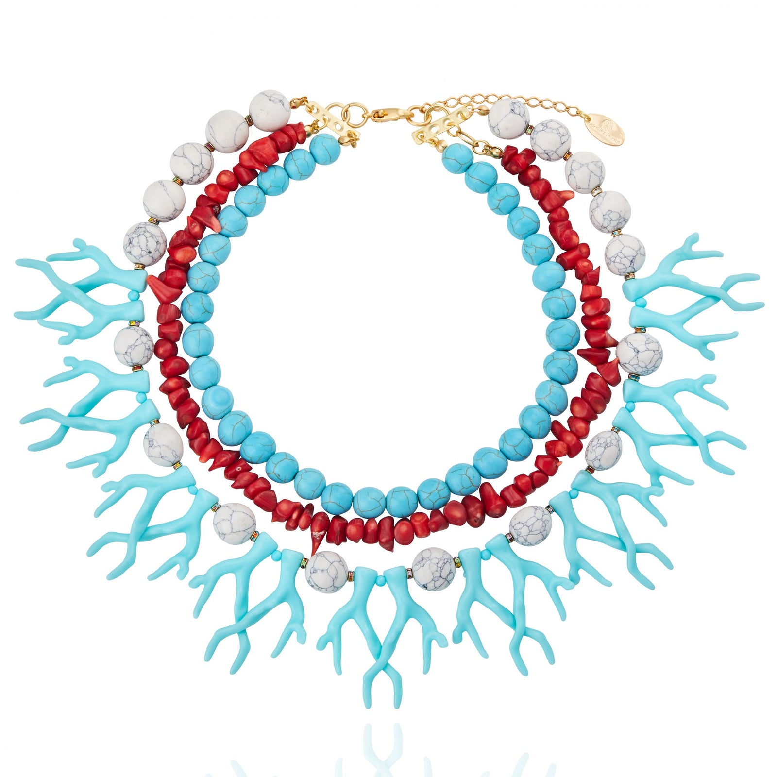 Colar Triplo Coral Azul com Howlita Branca e Cascalho Turquesa com Branco