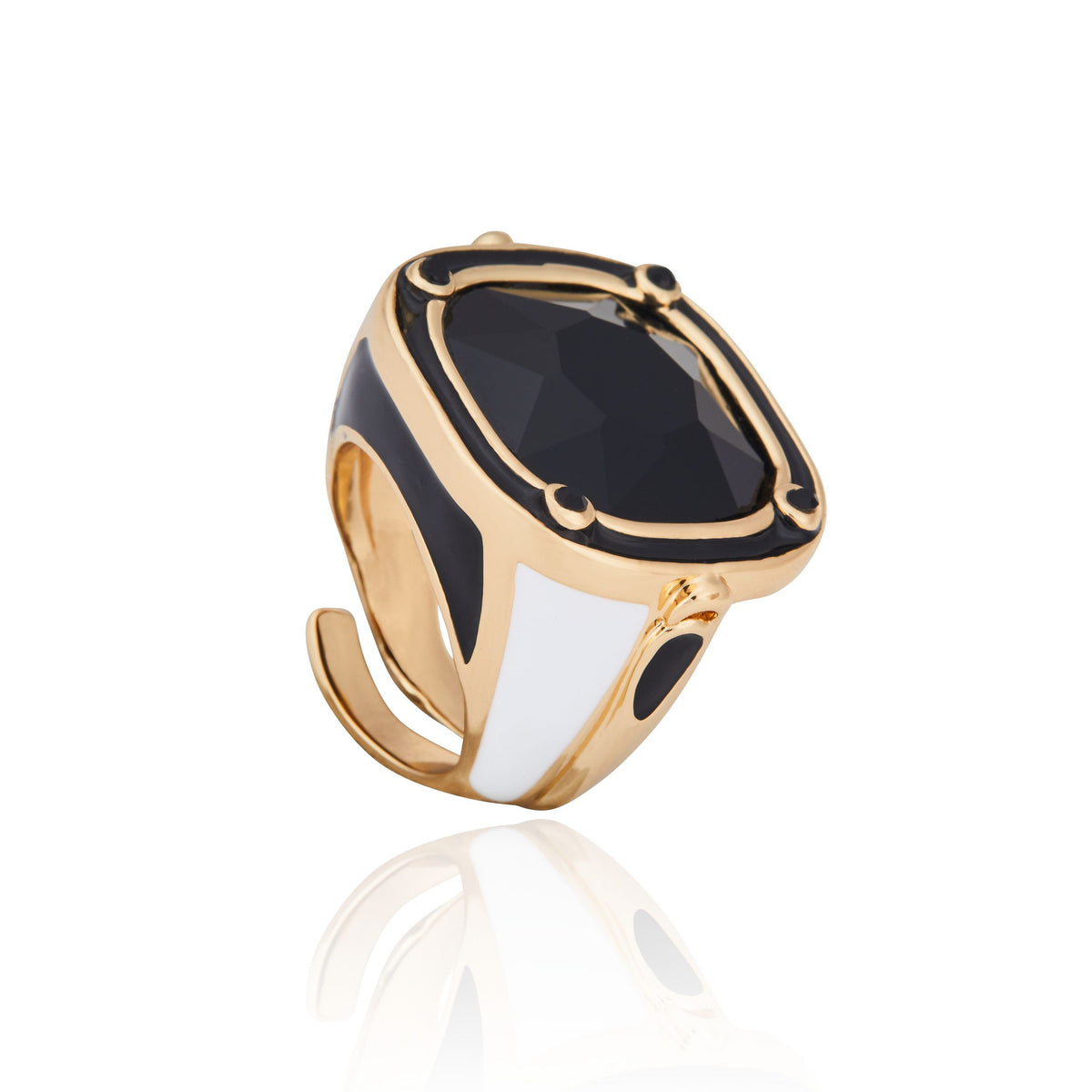 Anel Ajustável Quadrado  Cristal Preto e Branco Gôndola Ouro