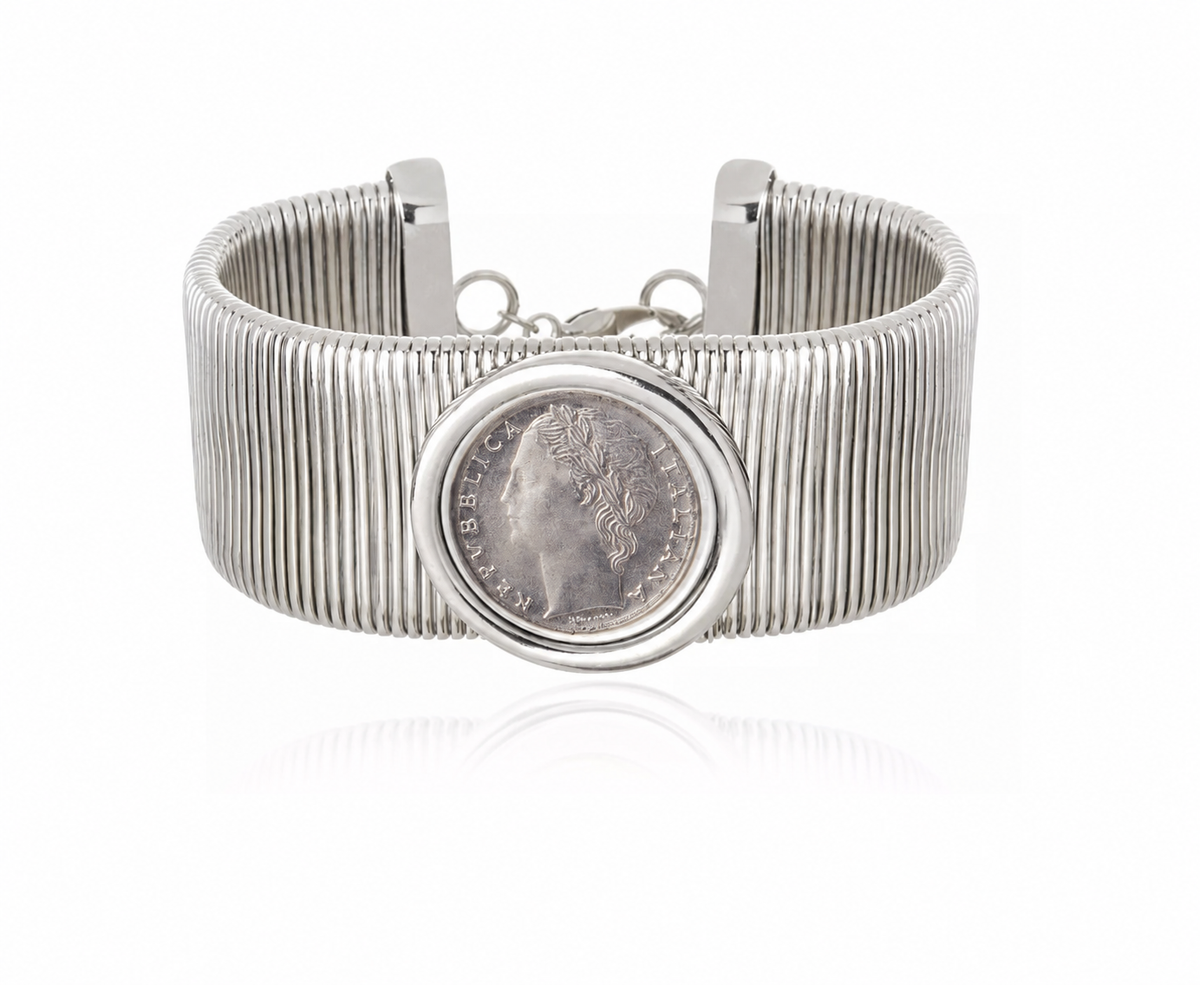 Bracelete Cloe Tubogas Largo Moeda Italiana Prata Prata