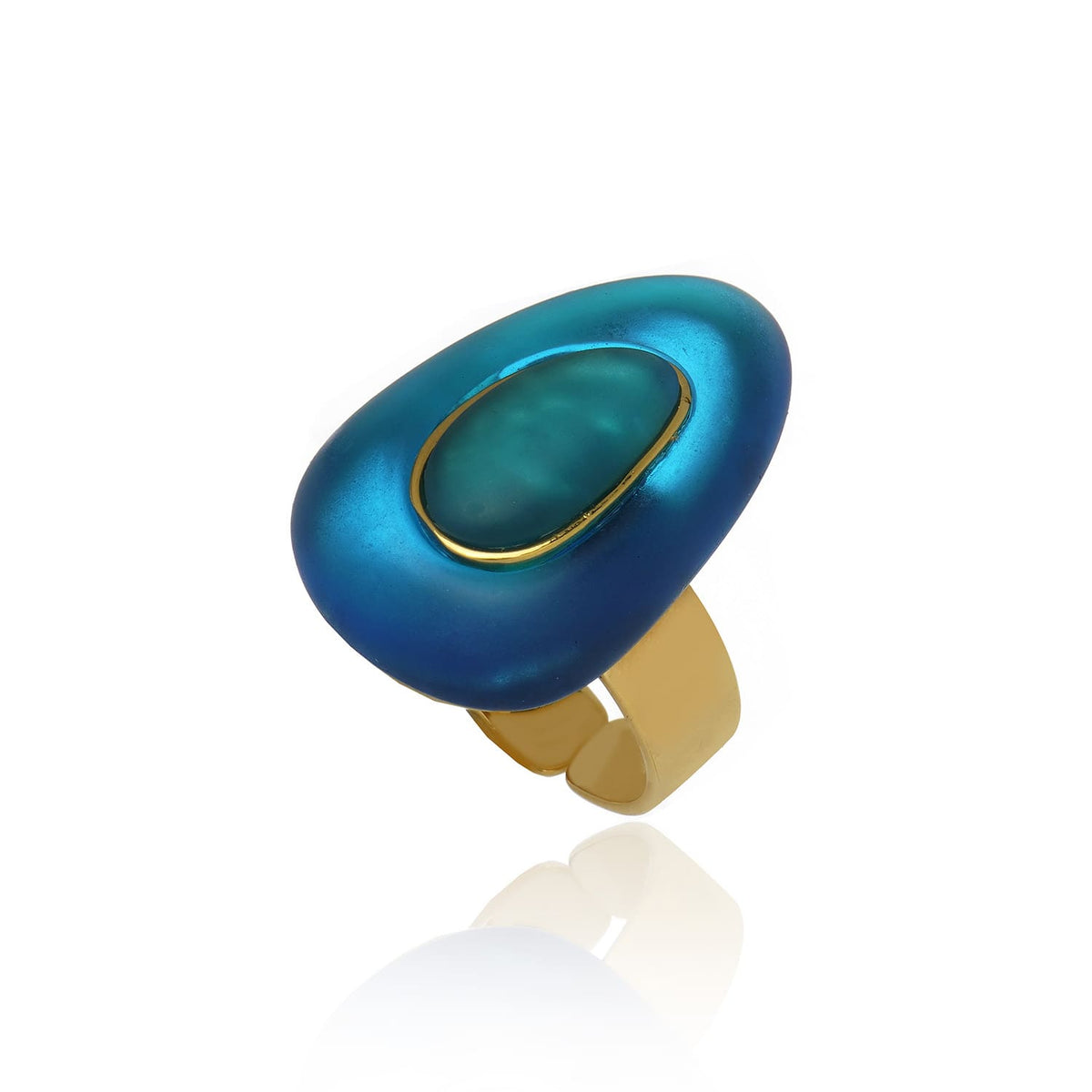 Anel Ajustavel Gota Resina Azul Prainha Ouro