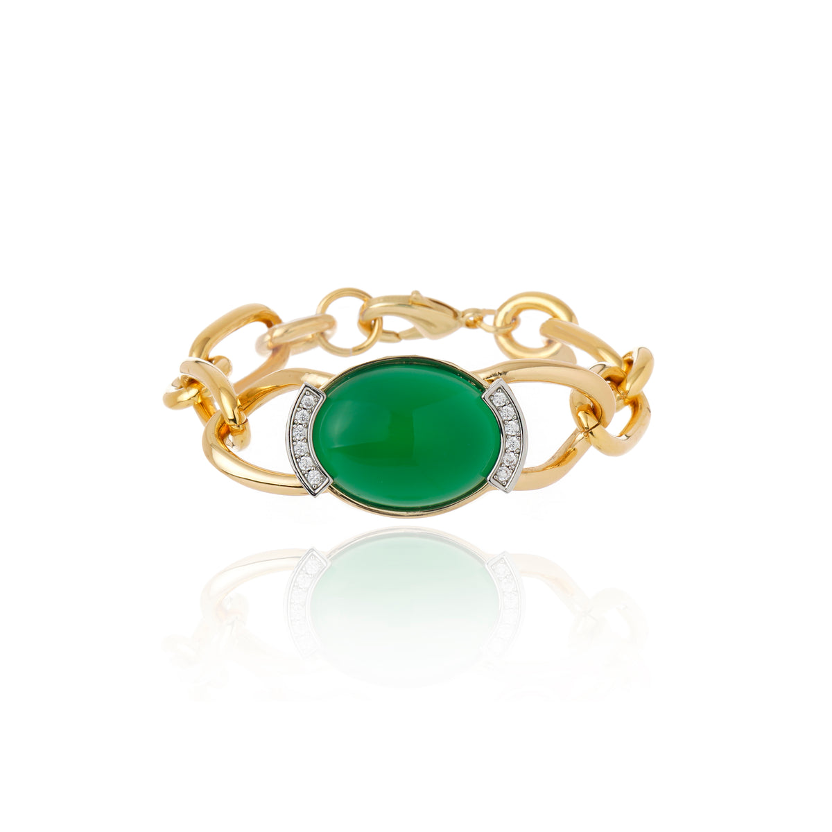 PULSEIRA ELOS COM PEDRA VERDE E CRISTAIS Ouro