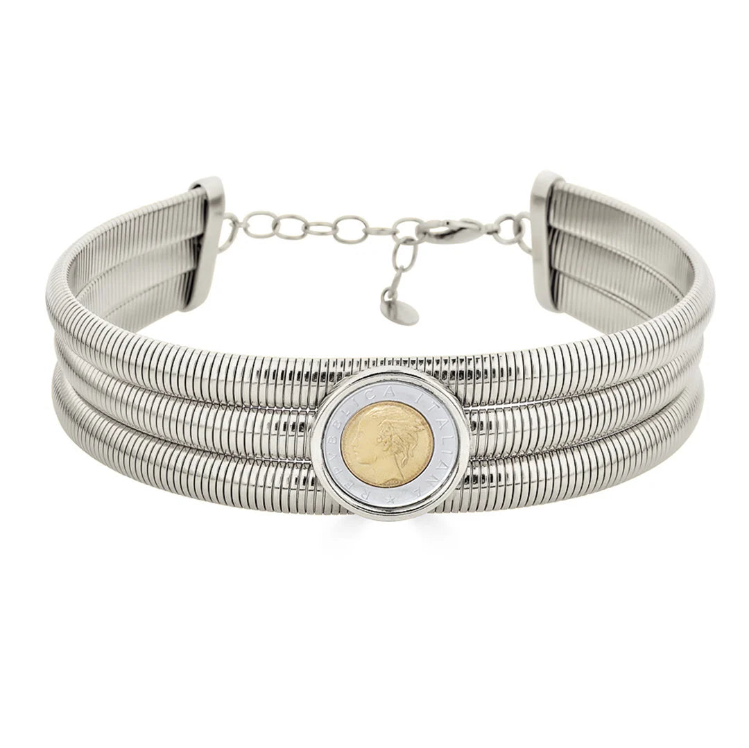 Choker Cloe Tubogas Triplo Com Moeda Italiana Prata