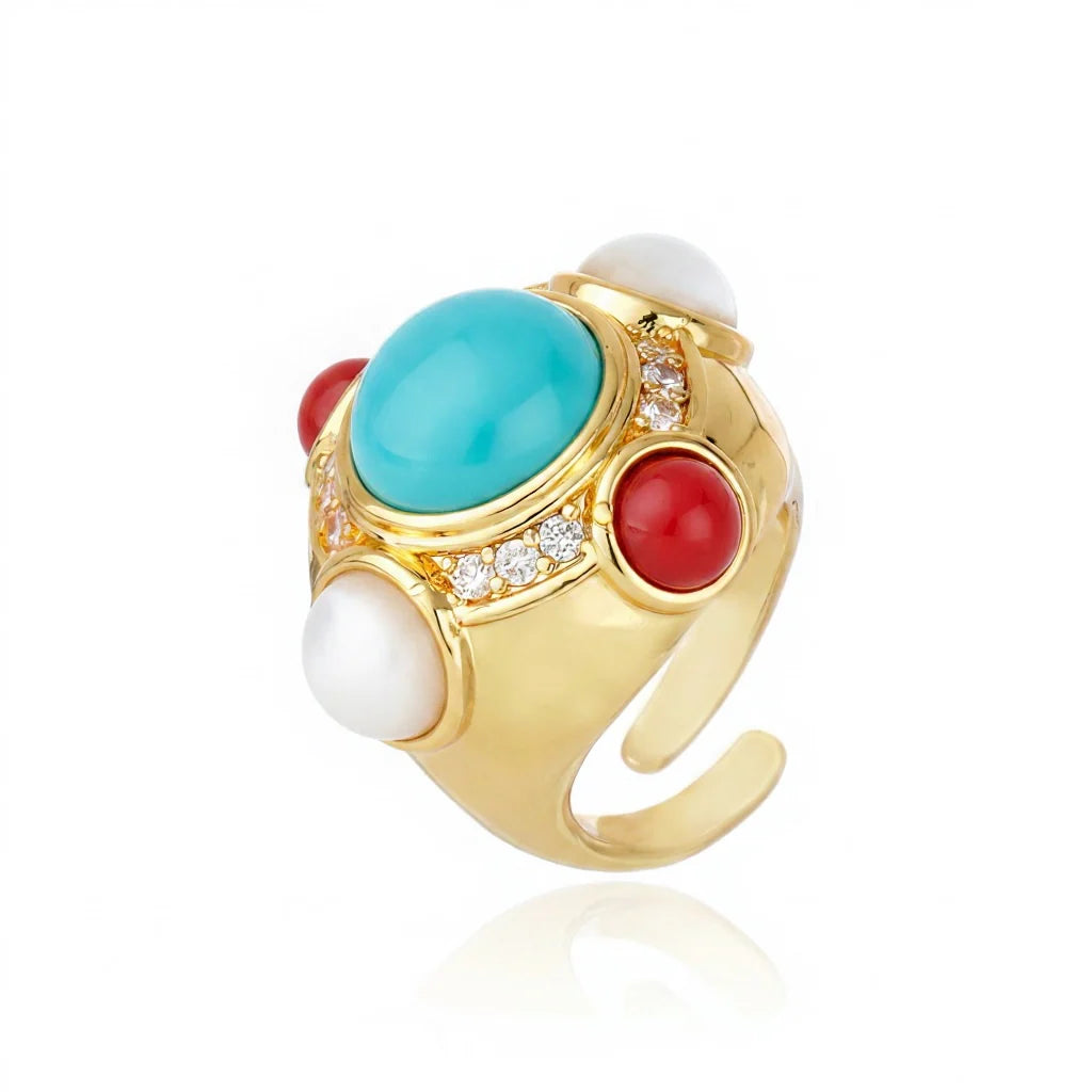 Anel Volpi Turquesa e Vermelho Ouro