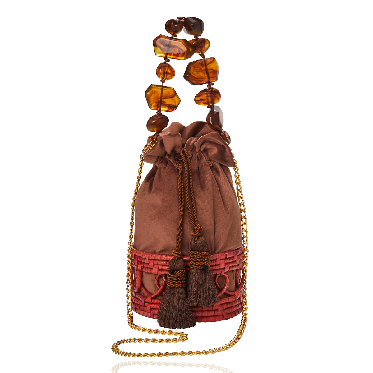 Bolsa Cesta Alça Pedra e Corrente Marrom Marrom