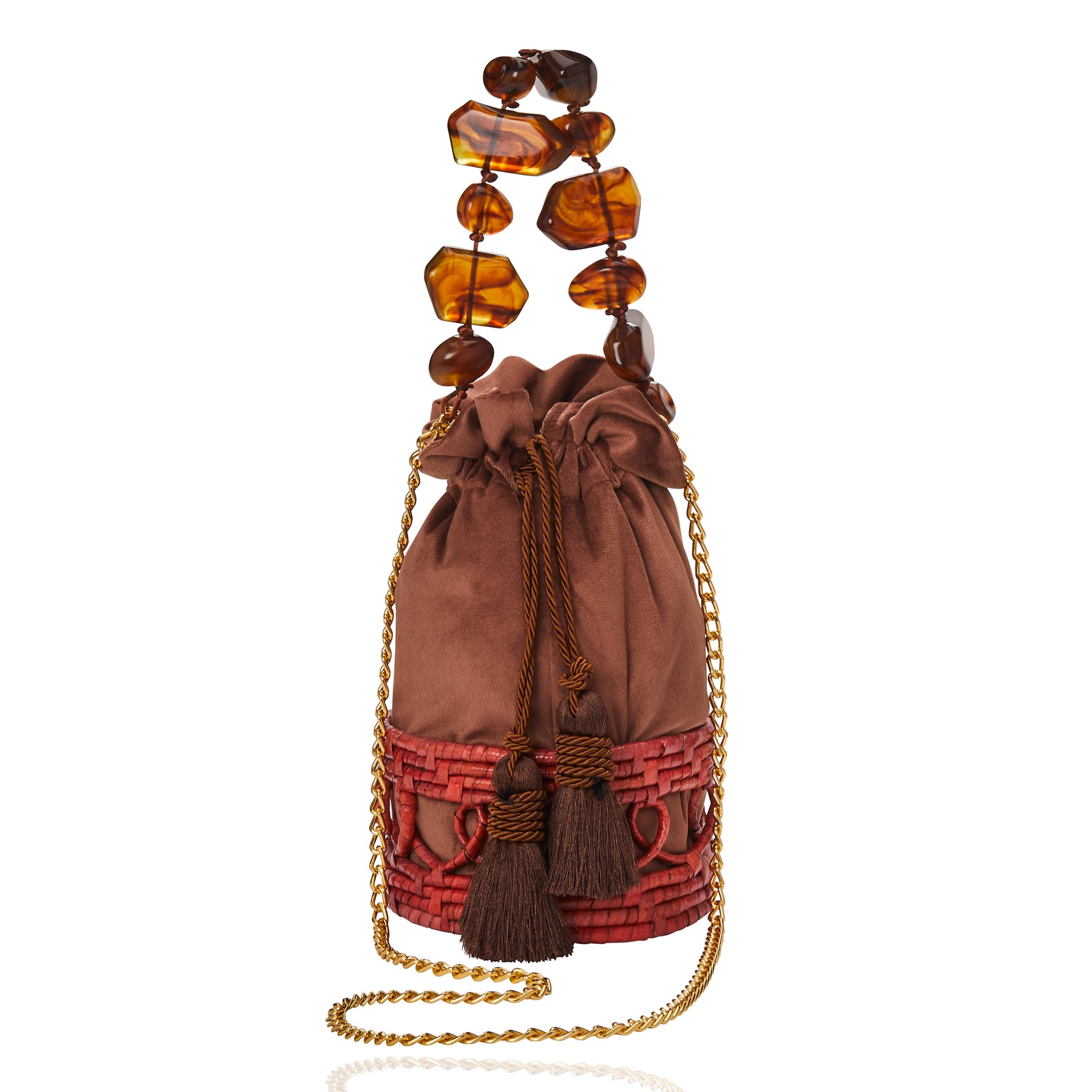 Bolsa Cesta Alça Pedra e Corrente Marrom Marrom