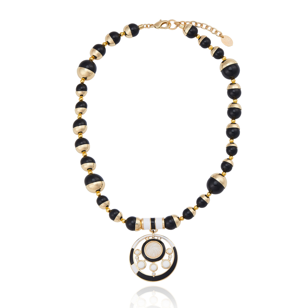 Colar Pingente Preto e Branco Esfera Gôndola Ouro
