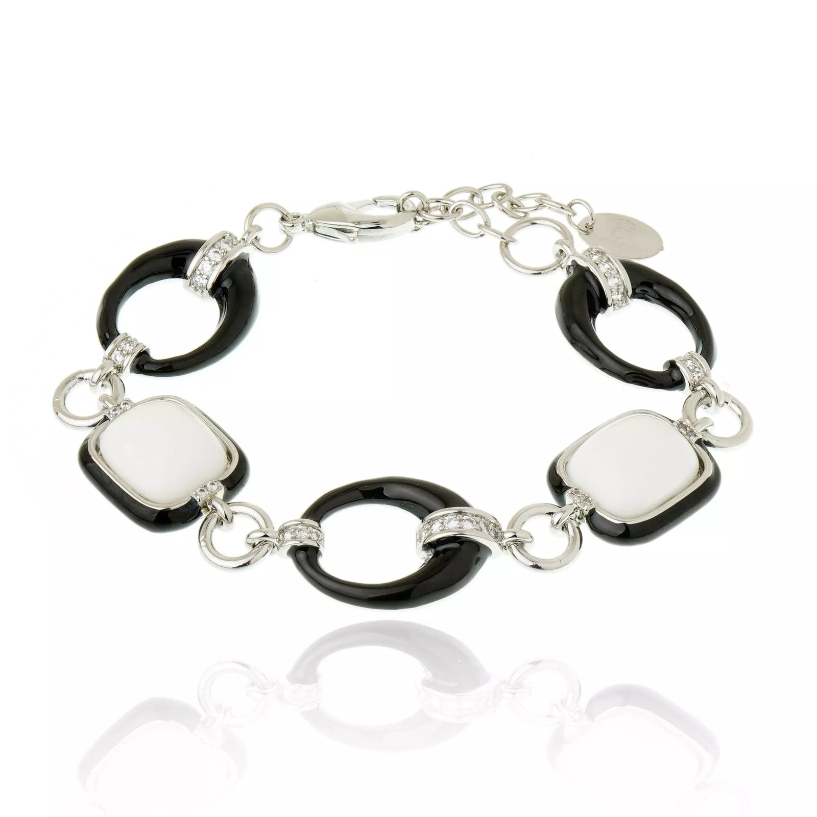 Pulseira Elos com Pedra Branco e Preto Prata