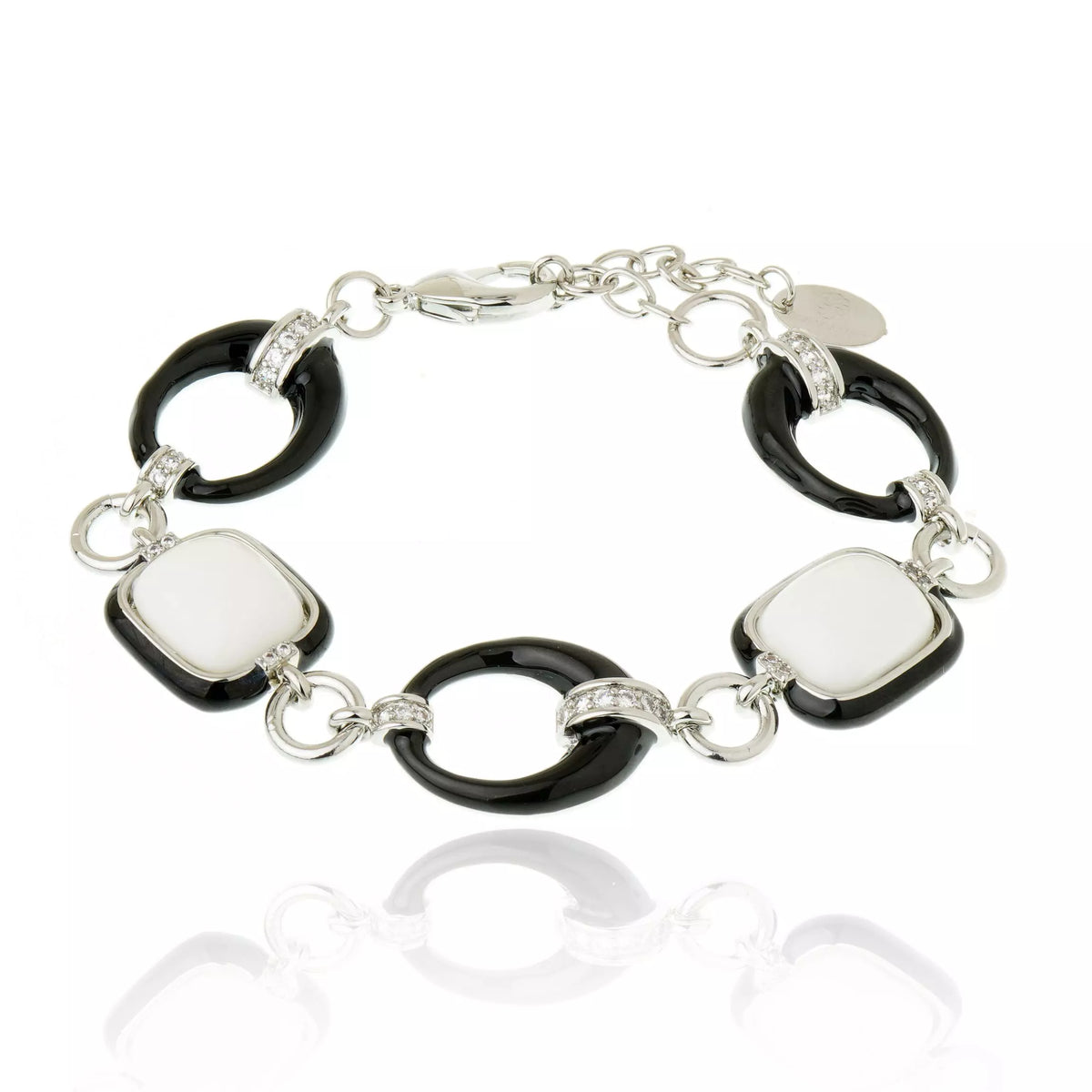 Pulseira Elos com Pedra Branco e Preto Prata