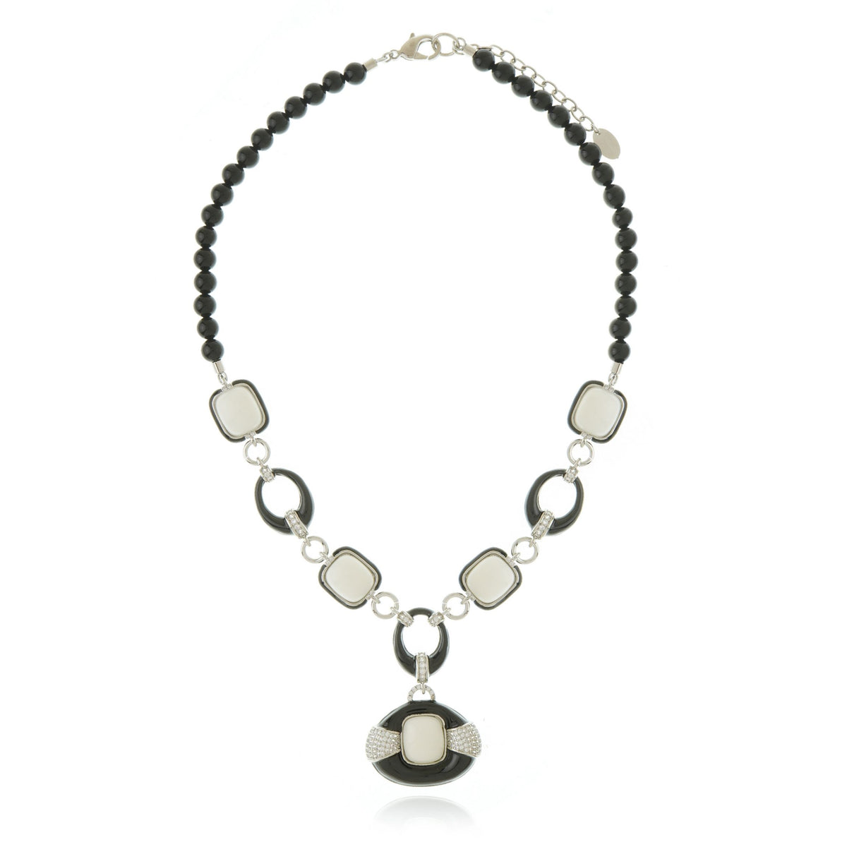 Colar Fashion Pedra Preto e Branco Prata