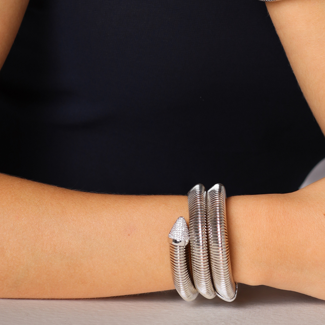 Bracelete 3 Voltas Ponteira Com Cristal Coliseu Prata